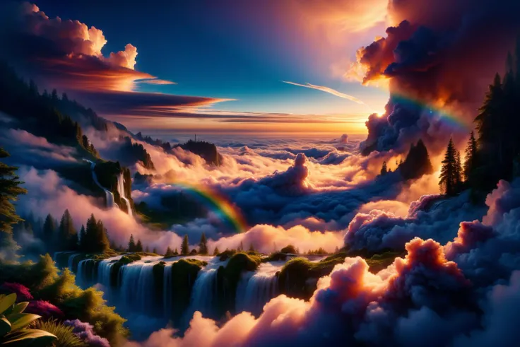 Raw photo of clouds, waterfall, mist, rainbow<lora:Ethereal_Sky_Garden:1>