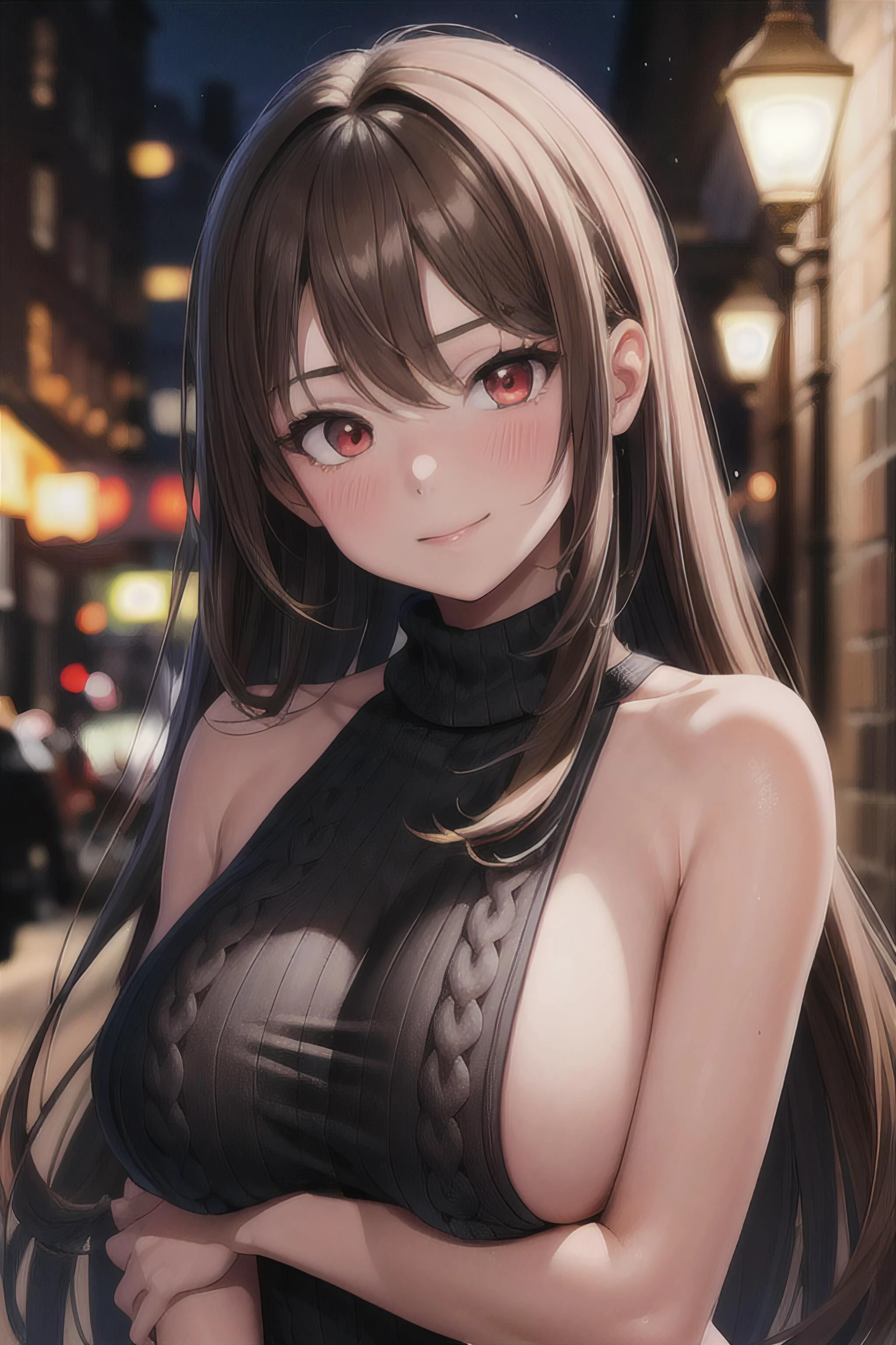 masterpiece, best quality, perfect lighting, absurdres, 1girl, outdoors, detailed background, depth of field, large breasts, upper body, <lora:virgin_killer:0.9>, virgin killer sweater, sideboob, smug, brown hair, long hair, red eyes, <lora:bgm-beta1:-0.25>, <lora:add_detail:0.3>, (film grain:0.2)