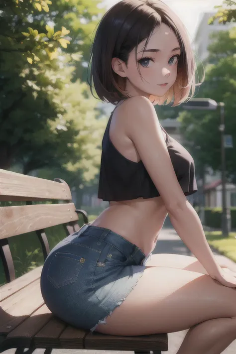 masterpiece, best quality, perfect lighting, absurdres, 1girl, outdoors, sitting, bench, from side, looking at viewer, detailed face, medium breasts, ass, thick thighs, shorts, jean shorts, crop top, <lora:crop_top_overhang_v0.1:0.85>, shiny skin