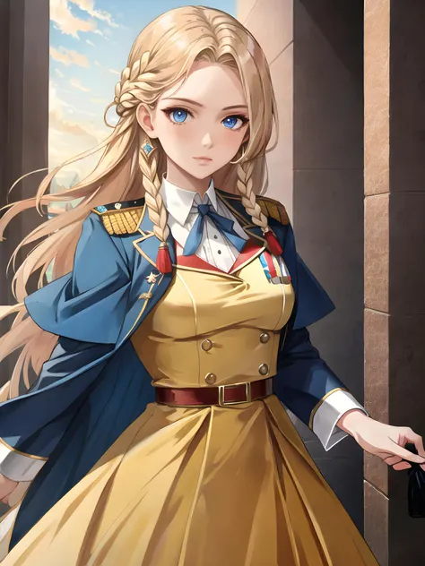 Heidi Velochek (female, , long braided blonde hair, blue eyes, Russian, small bust) formal military dress, (MasterPiece) (Highly Detailed) (8k), (Dynamic Lighting)