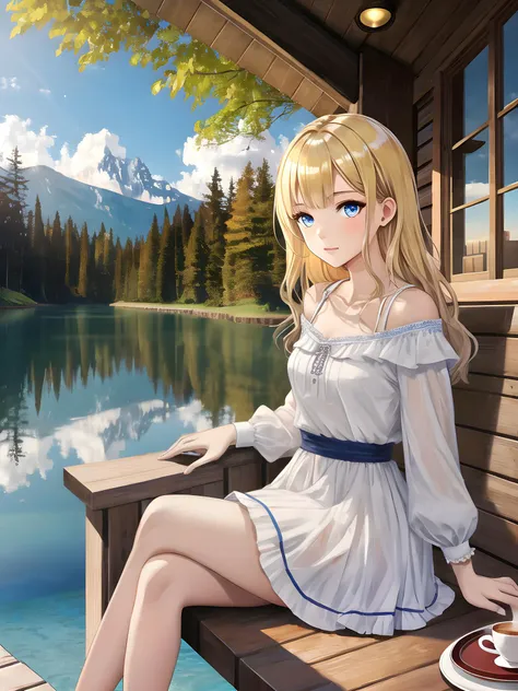 Elisa Swift (ite young woman, ice blue eyes, blonde hair, short, small breasts) blue and white frilly dress, sitting by a lake with a cup of tea, (MasterPiece) (Highly Detailed) (8k), (Dynamic Lighting)