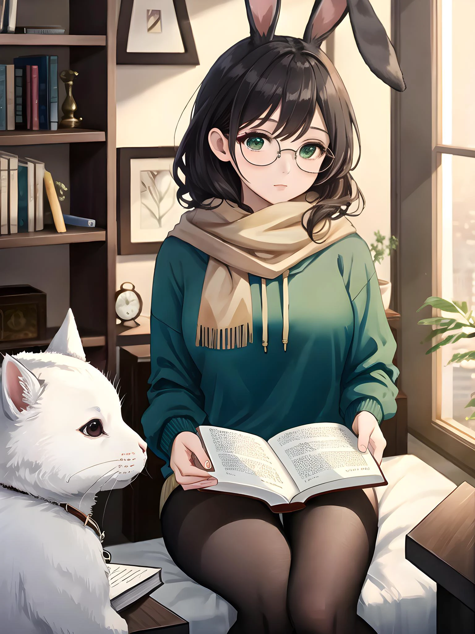 Anna (Tall petite Anthro rabbit, white furred, shy), dressed in an oversized green hoodie, black tights, brown scarf, oval black rimmed glasses, reading a book, (MasterPiece) (Highly Detailed) (8k), (Dynamic Lighting)