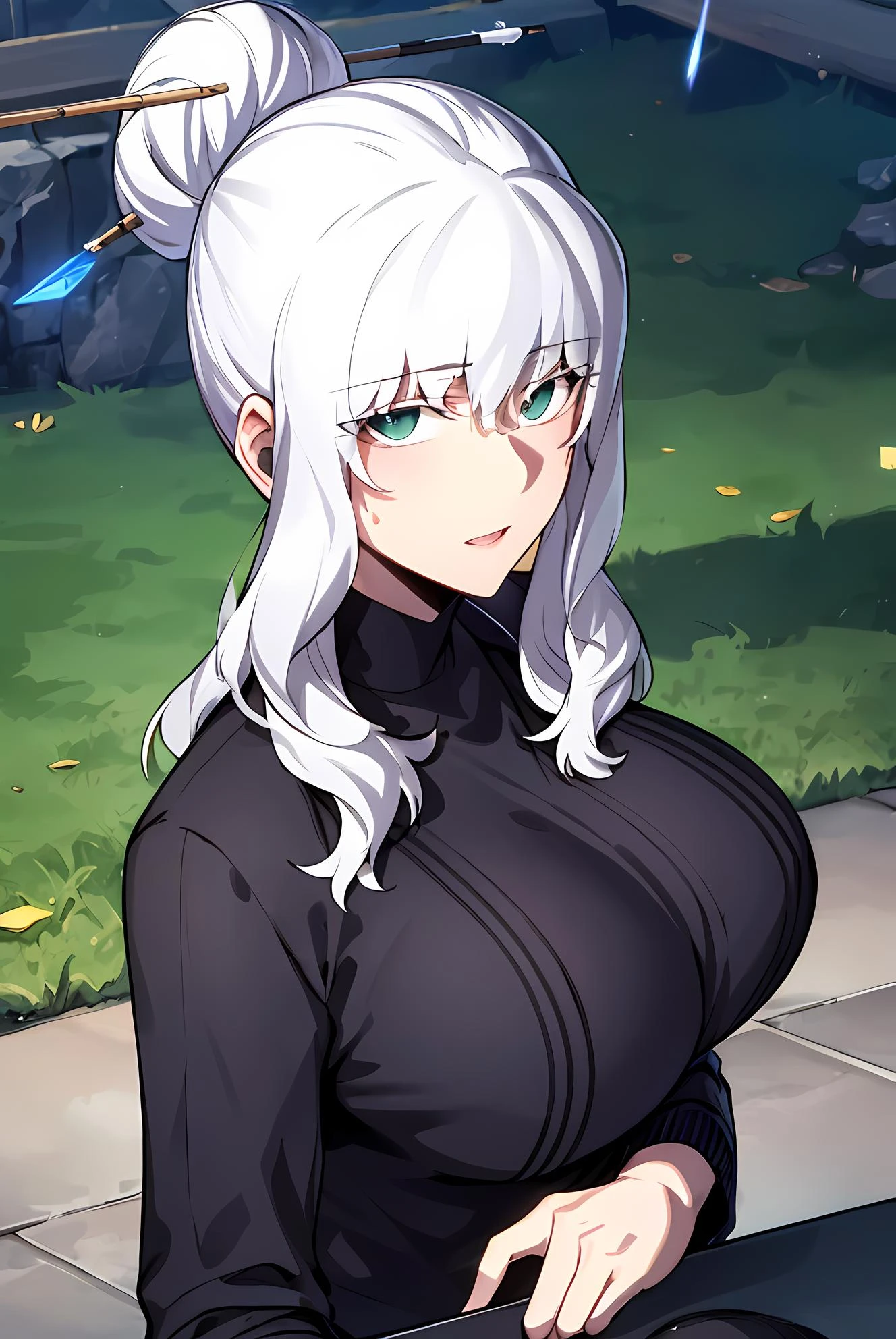 (masterpiece:1.2, best quality), (finely detailed beautiful eyes: 1.2), solo focus, landscape, (extremely detailed CG unity 8k wallpaper, masterpiece, best quality, ultra-detailed, best shadow), (detailed background), (beautiful detailed face, beautiful detailed eyes), 1girl, talaris , single hair bun , long hair, sidelocks , hair bun, hair ornament , hair stick , black sweater, sweater, jeans, casual clothes, milf, mature female, large breasts, High contrast, beautiful elegant woman, adult, (best illumination, an extremely delicate and beautiful),(amazing backround, outdoors, modern day), modern, looking at viewer,beautiful detailed glow,