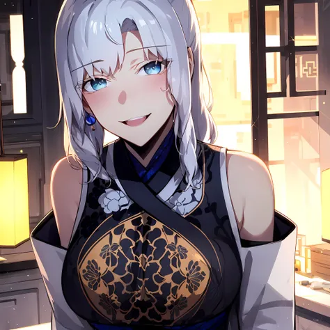 (masterpiece:1.2, best quality), (finely detailed beautiful eyes: 1.2), ( beautiful detailed eyes). solo focus, girl focus, happy, smile. blush,1girl, talaris , let down hair, long hair, chinese clothes dress, clothing cutout,bare shoulders , milf, mature female, large breasts, High contrast, beautiful elegant woman, adult, (best illumination, an extremely delicate and beautiful),(amazing backround, outdoors, modern day), modern, looking at viewer,beautiful detailed glow,