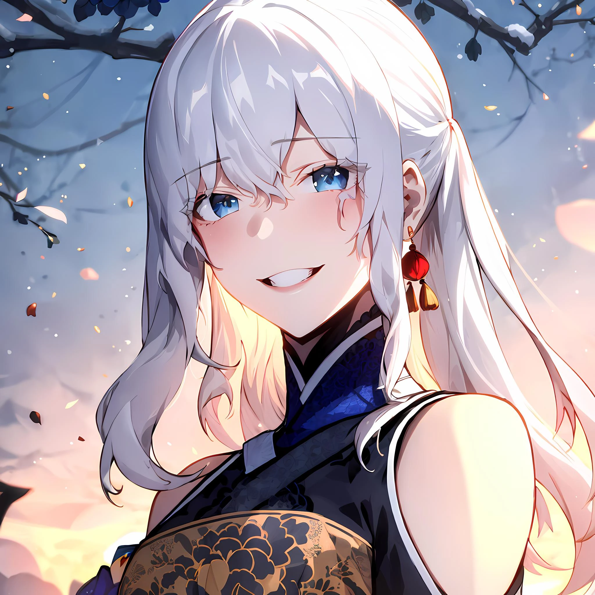 (masterpiece:1.2, best quality), (finely detailed beautiful eyes: 1.2), ( beautiful detailed eyes). solo focus, girl focus, happy, smile. blush,1girl, talaris , let down hair, long hair, chinese clothes dress, clothing cutout,bare shoulders , milf, mature female, large breasts, High contrast, beautiful elegant woman, adult, (best illumination, an extremely delicate and beautiful),(amazing backround, outdoors, modern day), modern, looking at viewer,beautiful detailed glow,