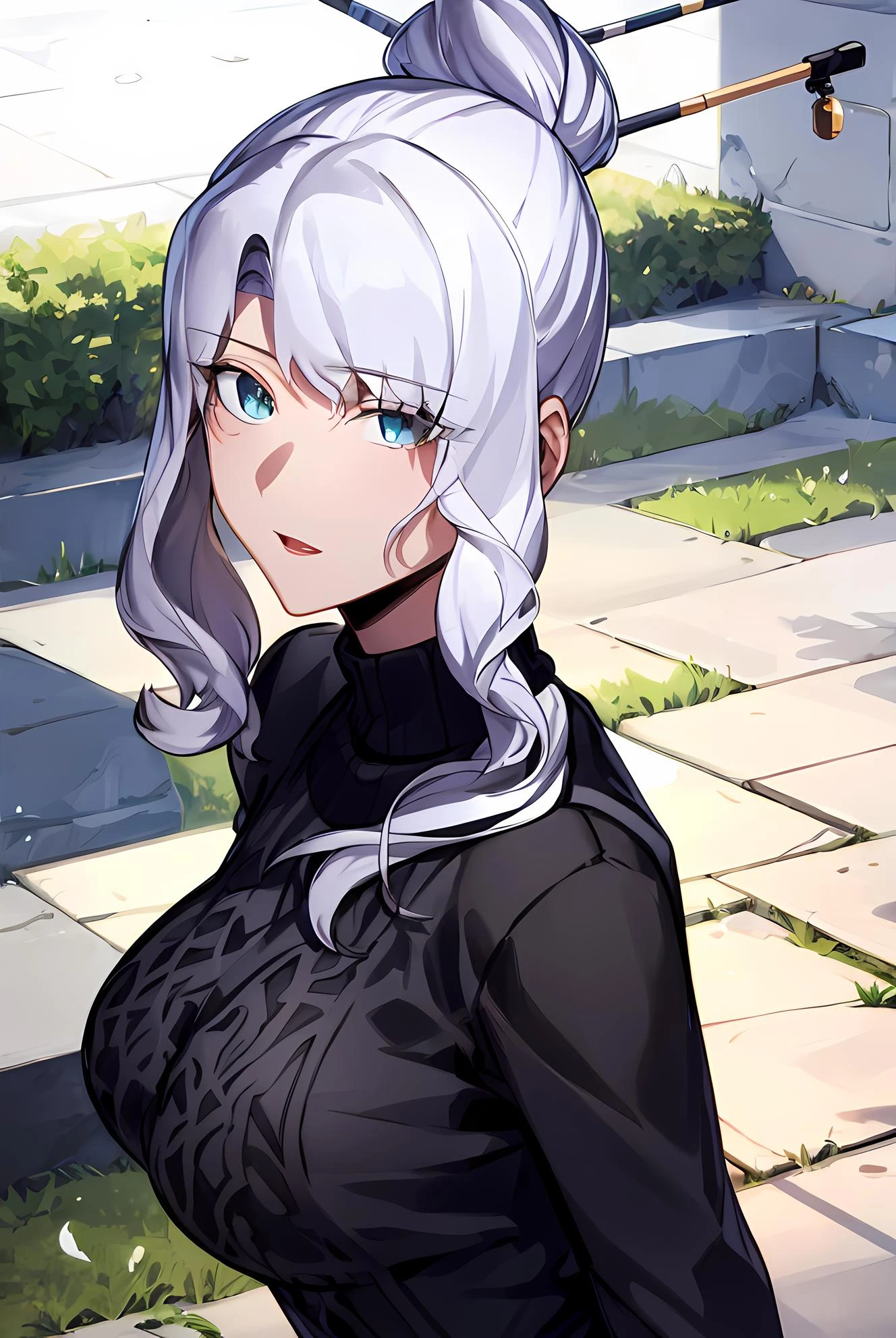 (masterpiece:1.2, best quality), (finely detailed beautiful eyes: 1.2), solo focus, landscape, (extremely detailed CG unity 8k wallpaper, masterpiece, best quality, ultra-detailed, best shadow), (detailed background), (beautiful detailed face, beautiful detailed eyes), 1girl, talaris , single hair bun , long hair, sidelocks , hair bun, hair ornament , hair stick , black sweater, sweater, jeans, casual clothes, milf, mature female, large breasts, High contrast, beautiful elegant woman, adult, (best illumination, an extremely delicate and beautiful),(amazing backround, outdoors, modern day), modern, looking at viewer,beautiful detailed glow,