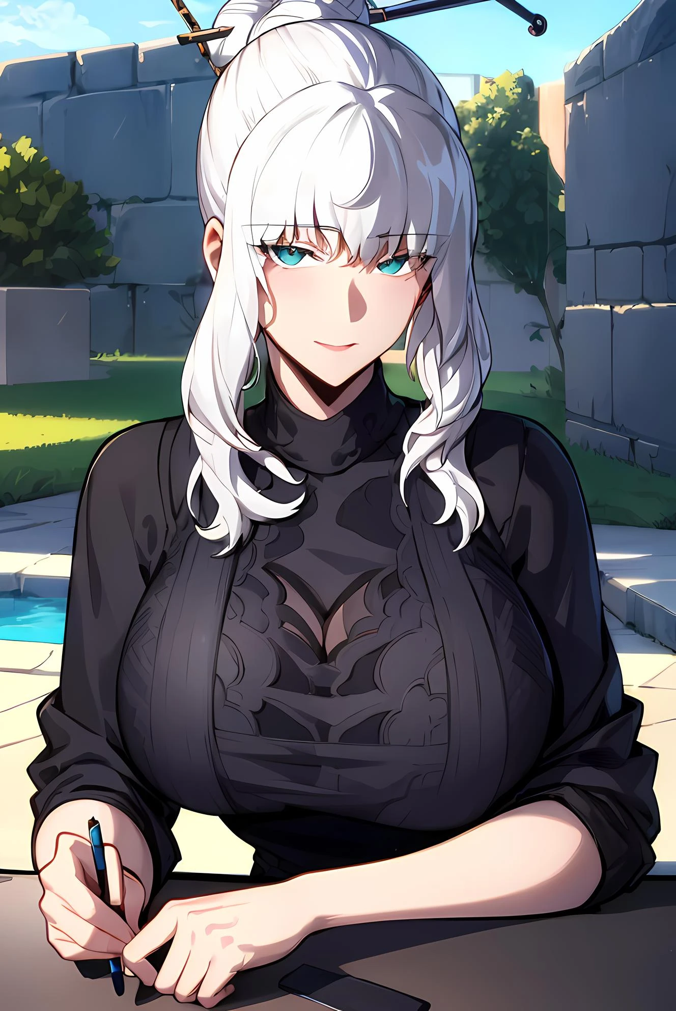 (masterpiece:1.2, best quality), (finely detailed beautiful eyes: 1.2), solo focus, landscape, (extremely detailed CG unity 8k wallpaper, masterpiece, best quality, ultra-detailed, best shadow), (detailed background), (beautiful detailed face, beautiful detailed eyes), 1girl, talaris , single hair bun , long hair, sidelocks , hair bun, hair ornament , hair stick , black sweater, sweater, jeans, casual clothes, milf, mature female, large breasts, High contrast, beautiful elegant woman, adult, (best illumination, an extremely delicate and beautiful),(amazing backround, outdoors, modern day), modern, looking at viewer,beautiful detailed glow,