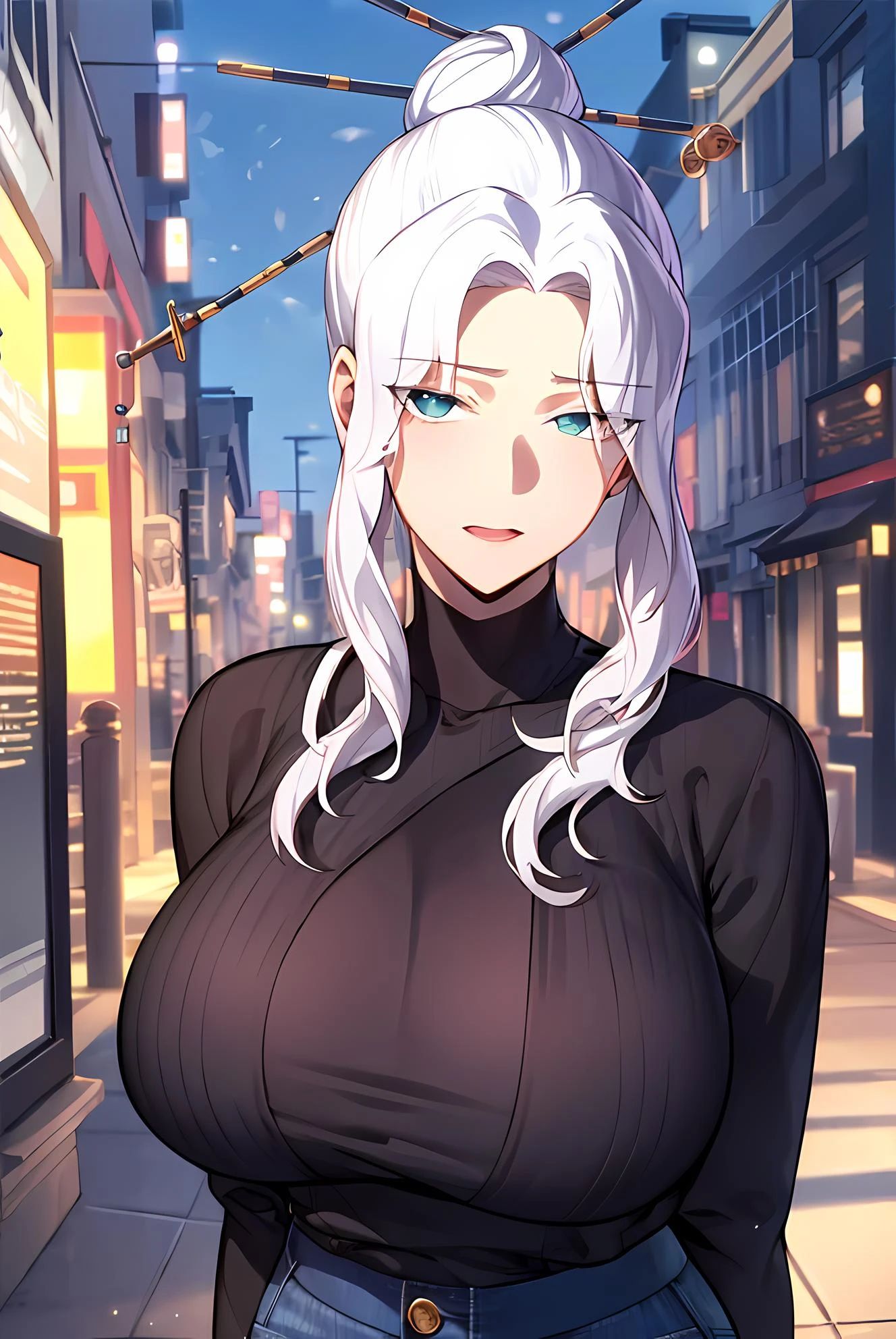 (masterpiece:1.2, best quality), (finely detailed beautiful eyes: 1.2), solo focus, landscape, (extremely detailed CG unity 8k wallpaper, masterpiece, best quality, ultra-detailed, best shadow), (detailed background), (beautiful detailed face, beautiful detailed eyes), 1girl, talaris , single hair bun , long hair, sidelocks , hair bun, hair ornament , hair stick , black sweater, sweater, jeans, casual clothes, milf, mature female, large breasts, High contrast, beautiful elegant woman, adult, (best illumination, an extremely delicate and beautiful),(amazing backround, outdoors, modern day), modern, looking at viewer,beautiful detailed glow,