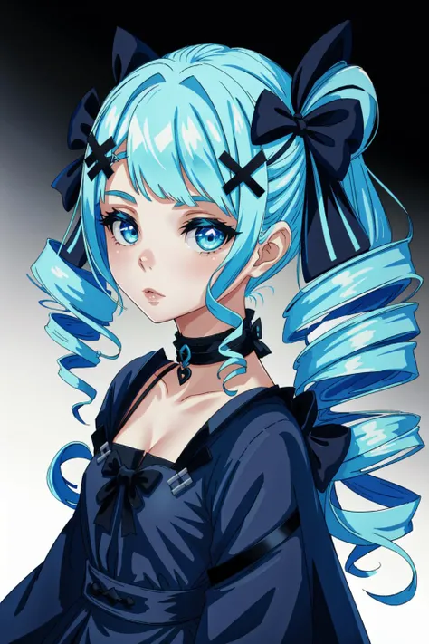 1girl, solo, long hair, choker,twin drills, hair ornament, dress, x hair ornament, bow, drill hair, <lora:gewen_20230707095236:0.7>