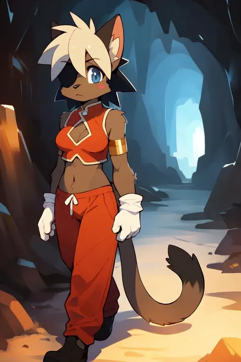 Alicia, 1girl, solo, (by kakure eria:.75), full body, short hair, closed mouth, :<, slight frown, serious expression, blank expression, (blush stickers:1.2), standing, walking, medium breasts, looking away, black footwear, navel, cleavage, blue eyes, furry female, (body fur, detailed fur, detailed hair:1.4), midriff, cat ears, gloves, white gloves, brown fur, two-tone hair, clothing cutout, eyepatch, cleavage cutout, multicolored hair, black hair, blonde hair, dyed bangs, armlet, red shirt, red pants, tail, animal nose, (masterpiece, best quality:1.3), detailed background, cave, mineshaft, (low lighting, dark:1.4) <lora:AliciaPris:.9>