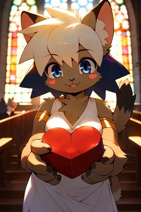 Alicia, 1girl, solo, anime, (chibi:.75), full body, female focus, short hair, straight-on, up-close, closed mouth, :3, (blush stickers:1.2), upper body, white dress, looking at viewer, holding gift, heart-shaped box, reaching towards viewer, puffy short sleeves, blue eyes, furry female, (body fur, detailed fur, detailed hair:1.4), cat ears, brown fur, two-tone hair, multicolored hair, black hair, blonde hair, dyed bangs, armlet, tail, animal nose, (masterpiece, best quality:1.3), detailed background, smooth lighting, church, stained glass <lora:AliciaPris:.9>