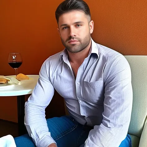 a [white:3] man sitting at a table with a wine glass