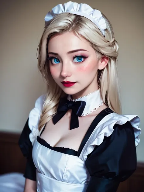 score_9, score_8_up,score_7_up,1girl,elsa \(frozen\), blush,  <lora:Korean_mix_style:0.8>,brown hair,maid cosplay, upper body, maid costume,realistic,photo realistic,blonde hair