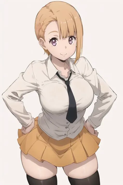 cowboy shot, hana, 1girl, solo, purple eyes, looking at viewer, orange hair, hair ornament, smile, bent over, shirt, necktie, skirt, long sleeves, zettai ryouiki, thick thighs, hands on hips, simple background, <lora:hana-07:0.9>