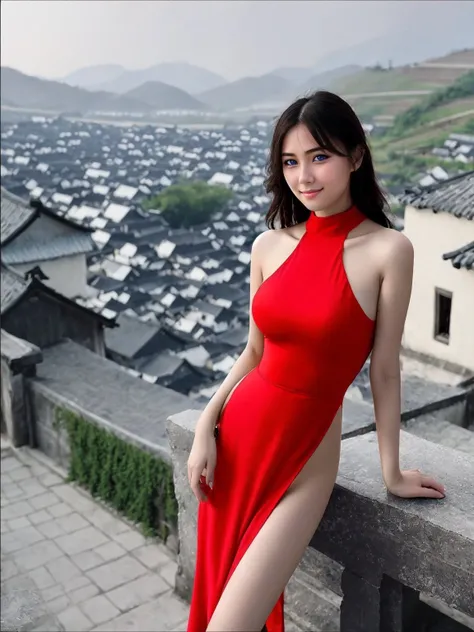 lingeriedresschinese, 1girl, smile, solo, red dress, bare shoulders, sleeveless, sleeveless dress, looking at viewer, outdoors, chinese town background, village <lora:LingerieDressChinese:0.7>