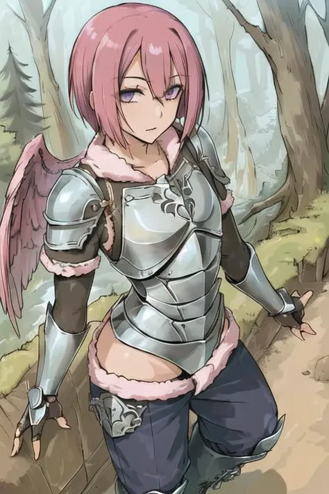 masterpiece, best quality, detailed face, detailed eyes,  <lora:HUAnri:0.5>, 1boy, outdoors, forest, cliff, castle, ((armor, breastplate, fur trim, gauntlets, armored boots, pants)), pink hair, short hair, standing, flat chest, purple eyes,  <lora:style - cutesexyrobutts - 0.85:0.4>, angel wings, low wings,