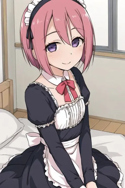 masterpiece, best quality, detailed face, detailed eyes, <lora:HUAnri:0.5>, HUAnri, pink hair, purple eyes, maid, maid headdress, maid apron, 1boy, smile, indoors, bedroom,