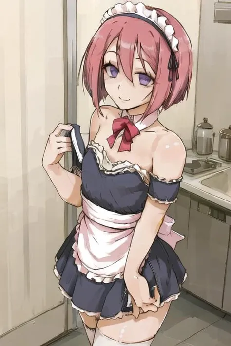masterpiece, best quality, detailed face, detailed eyes, <lora:HUAnri:0.5>, HUAnri, pink hair, purple eyes, flat chest, 1boy, smile, indoors, kitchen, cleaning, maid, maid headdress, maid apron, miniskirt, <lora:style - cutesexyrobutts - 0.85:0.6>, facing away, counter,