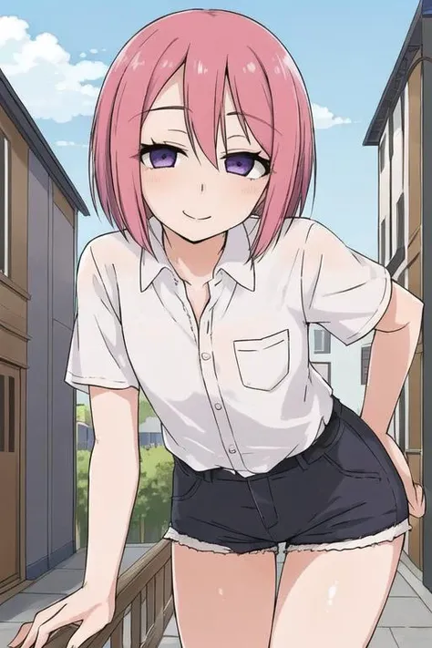masterpiece, best quality, detailed face, detailed eyes, <lora:HUAnri:0.5>, HUAnri, pink hair, purple eyes, flat chest, 1boy, smile, outdoors, village, bent over, short shorts, dress shirt,