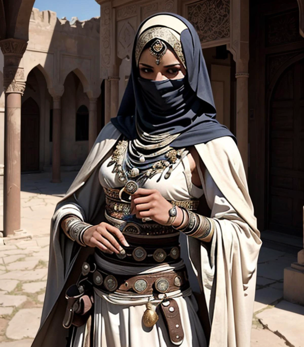 (masterpiece:1.2), (best quality,:1.2), 8k, HDR, ultra detailed, ((photorealistic)), professional light, cinematic lighting, fashion photography, ambient lighting, a female! tuareg warrior with a veil covering the face, wearing arabian armor, cloak, belt, ArAr, <lora:ArabianArmor-10:0.7>, in a street with arabian houses, ((perfect hands)), epiCPhoto