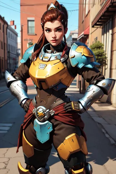 (masterpiece:1.2), (best quality), (ultra detailed), (8k, 4k, intricate),(full-body-shot:1.2),(cowboy:1.2),(highly detailed:1.2),(detailed face:1.2), (detailed background),(portrait),detailed landscape,(dynamic pose:1.2),<lora:more_details:0.5>,<lora:brig:0.7>brigitte 1girl, solo, looking at viewer, brown hair, gloves, holding, brown eyes, standing,upper body, ponytail, weapon, armor, official alternate costume, hand on hip, shoulder armor, pauldrons, breastplate, nose, armored boots, over shoulder, greaves, weapon over shoulder, power armor,city background