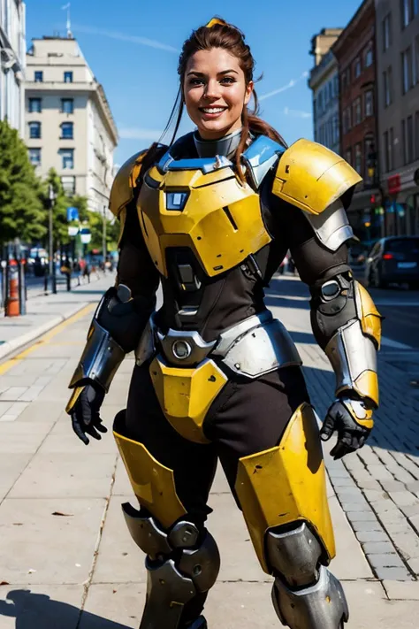 brig, brown hair, ponytail, armor, power armor, looking at viewer, serious, smiling, standing, upper body shot, outside, city, sidewalk, blue sky, high quality, masterpiece, <lora:brig:.7>
