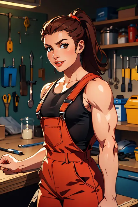 brig, brown hair, ponytail, sidelocks, brown eyes, black tank top, toned, red overalls, looking at viewer, serious, smiling, standing, upper body shot, inside garage, workbench, high quality, masterpiece, <lora:brig:.7>