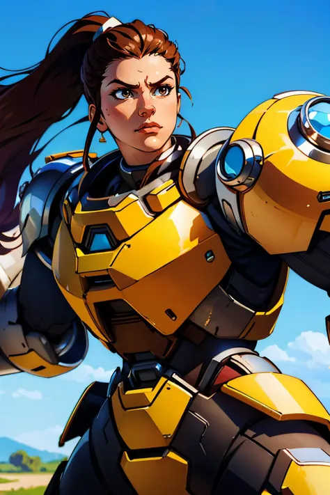 brig, brown hair, ponytail, brown eyes, power armor, looking serious, dynamic shot, outside, stone bridge, blue sky, high quality, masterpiece, <lora:brig:.7>