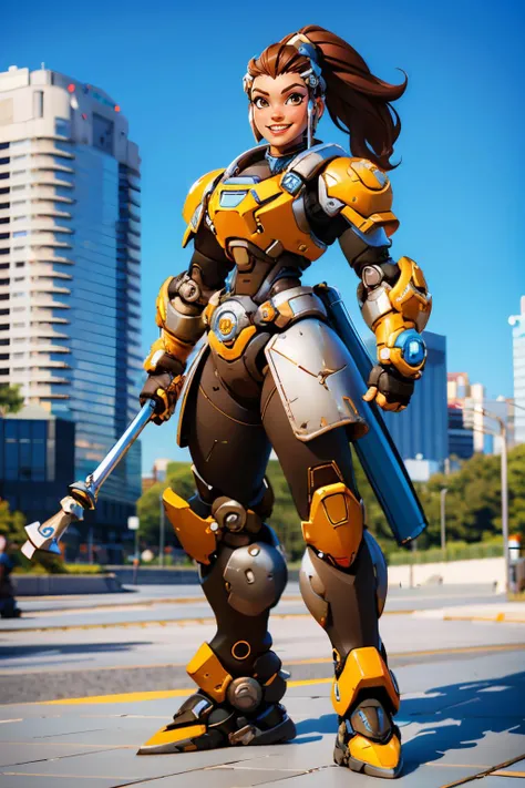 brig, brown hair, ponytail, armor, power armor, looking at viewer,smiling, full body shot, standing, holding mace, outside, cityscape, blue sky, high quality, masterpiece, <lora:brig:.7>