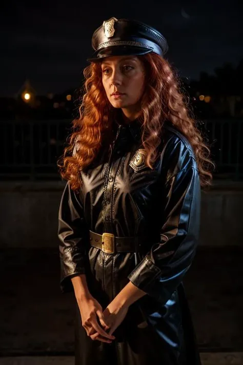 police officer costume , guard tower , night <lora:Susan_Sarandon:1> masterpiece, best quality, detailed face, solo, a woman, mature s1873s, red hair, long_hair, looking_at_viewer