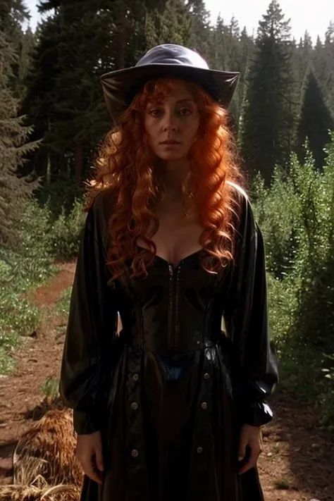 gangster costume , mushroom forest , evening <lora:Susan_Sarandon:1> masterpiece, best quality, detailed face, solo, a woman, mature s1873s, red hair, long_hair, looking_at_viewer