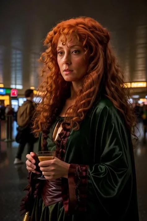 irish costume , airport , evening <lora:Susan_Sarandon:1> masterpiece, best quality, detailed face, solo, a woman, mature s1873s, red hair, long_hair, looking_at_viewer
