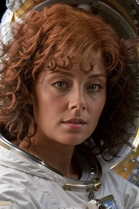 astronaut, space, stars<lora:Susan_Sarandon:1> masterpiece, best quality, detailed face, solo, a woman, mature s1873s, red hair