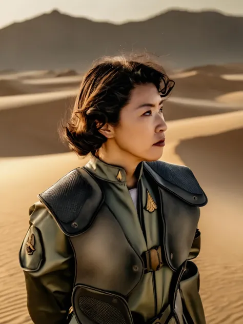 bsgvprunf uniform,older asian woman with curly hair,on a desert<lora:BSGsuit:0.8>