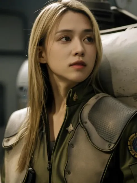 bsgvprunf uniform,blond woman with long hair,near airlock<lora:BSGsuit:0.8>