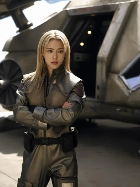 bsgvprunf uniform,blond woman with long hair,near airlock<lora:BSGsuit:0.8>