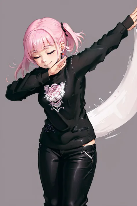 (masterpiece, best quality:1.2), <lyco:concept_dabdance-10:1.0>, solo, 1girl, smile, dabdance, closed eyes, black shirt, long sleeves, pants