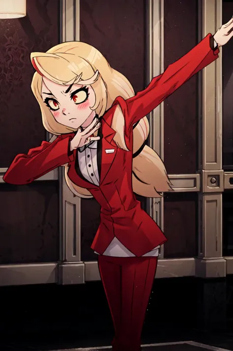 masterpiece, best quality, highly detailed, in a hotel,
<lora:HazbinHotel_CharlieMorninstar:1>Charlie, RedSuit, blush stickers, red eyes, black bowtie
<lora:concept_dabdance:.8>(((dab dance))),
