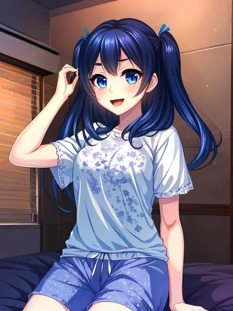 masterpiece,best quality,highres,cinematic lighting,dramatic angle,<lora:SakuraYuzuhaV1-000008:0.8>,yuzuha,1girl,blue hair,twintails,hair ribbon,blue eyes,happy,:d,looking at viewer,wariza,blush,bedroom,holding pillar,flower printed white shirt,purple shorts