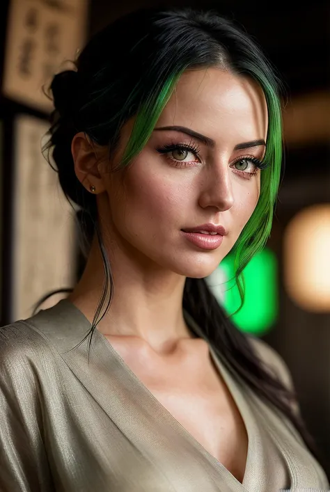 obra de arte, alta qualidade, 8k. As the camera pans around the classroom, the magical bokeh of the lights creates a dreamlike atmosphere. In the center of the room is a nerd goddess, de cabelos loiros cheio de cachos, full lips and green eyes, ela veste uma camisa com um decote generoso, drawing attention to your large breasts, adding a touch of mystery to its already intriguing presence. its intricate details adding to the overall cinematic feel of the scene