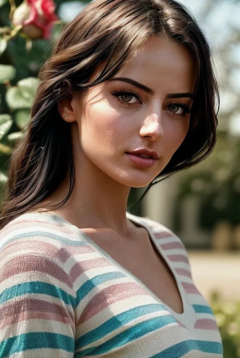 beautiful woman (EPD1l4r4:.99), ((portrait)), (closeup:1.2), ((from the waist up)), (((  rose garden :1.2 ))), natural skin texture,  ((  striped shirt :1.2)), 24mm, 4k textures, soft cinematic light, adobe lightroom, photolab, hdr, intricate, elegant, highly detailed, sharp focus, ((((cinematic look)))), soothing tones, insane details, intricate details, hyperdetailed, low contrast, soft cinematic light, exposure blend, hdr, faded, now, ("I've got a bad feeling about this.":1.1)