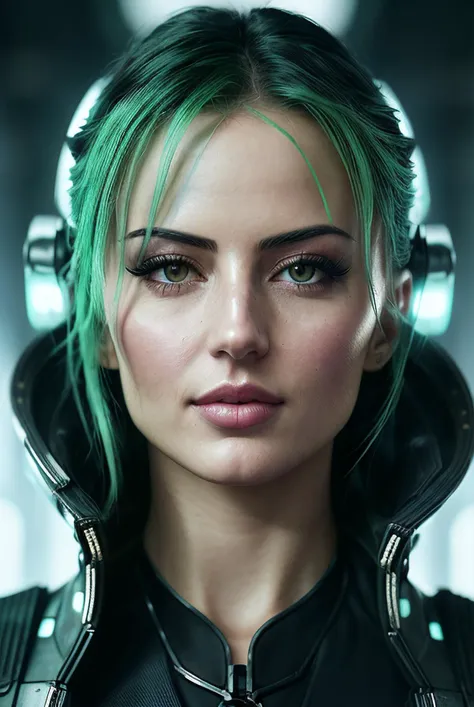 A woman with green hair and headphones on posing for a picture - SeaArt AI