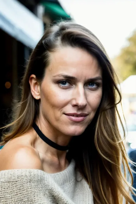 nmw piercing eyes, looking straight, very happy,long hair, wearing an off-shoulder sweater, choker, closeup portrait, in a outdoor cafe in 2015, afternoon light,<lyco:NaomiW-RealVision-V1.0:1.0>