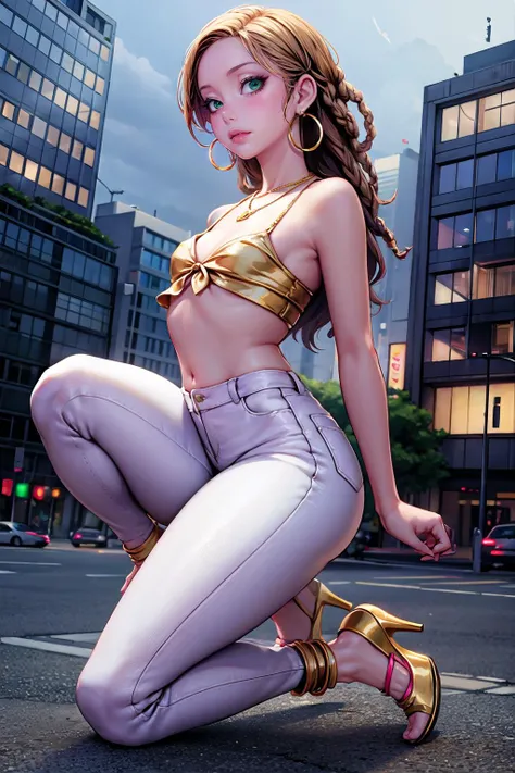masterpiece, best quality,2girl,young girl, shamrock_green eyes, strawberry blonde, dreadlocks,nervous _face,pale skin,flat chest,nice leg line,thick thighs, thin waist,, Coral_ruffle_crop_top, white_skinny_jeans, nude_block_heels, gold_hoop_earrings, and_a_dainty_gold_necklace, cityscape,looking at viewer,from side,dutch angle