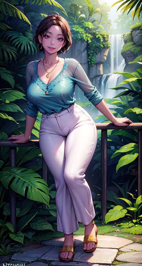 masterpiece,best quality,1girl,mature female,,short hair,happy smile,shiny skin,huge breasts,, Sheer_navy_blue_blouse, white_linen_pants, brown_leather_sandals, beaded_hoop_earrings, layered_coin_necklaces, New Zealand, A dense rainforest envelops you in its emerald embrace, a sanctuary of life teeming with unique flora and fauna,looking at viewer,random view