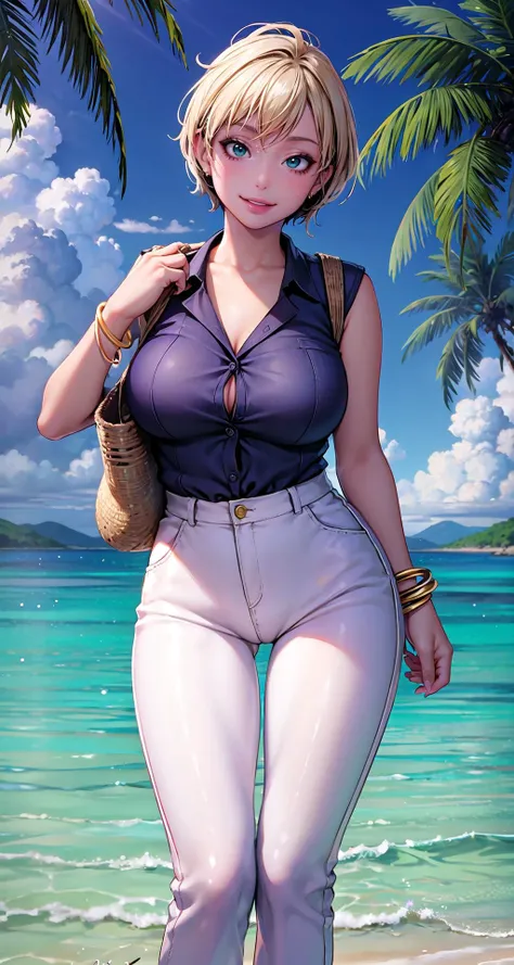 masterpiece,best quality,1girl,mature female,,pixie cut,happy smile,shiny skin,huge breasts,, Sheer_white_button-up_blouse, white_linen_pants, tan_sandals, woven_tote_bag, gold_bangle_bracelets, Maldives, secluded overwater bungalow perched above the crystal-clear turquoise lagoon,looking at viewer,dynamic view