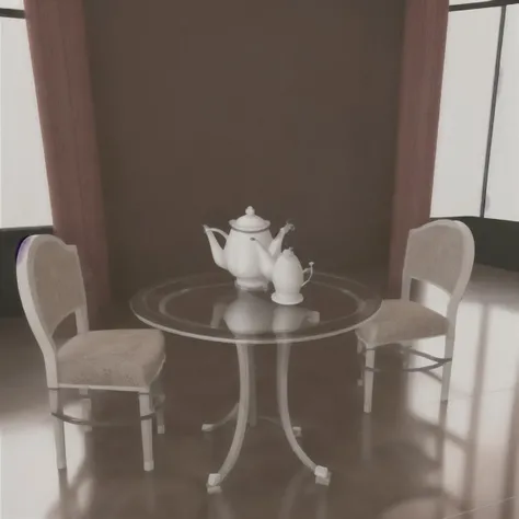 3d <lora:shortcircuitz.safetensors:1>, glass teapot, table