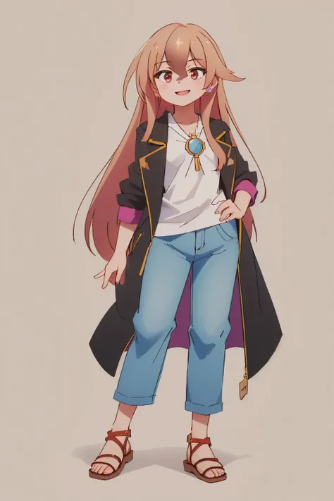 (masterpiece, best quality:1.2), solo, 1girl, hulemy, smile, looking at viewer, black jacket, shirt, pants, sandals, jewelry, earrings <lora:rebornasavm_hulemy:0.8>
