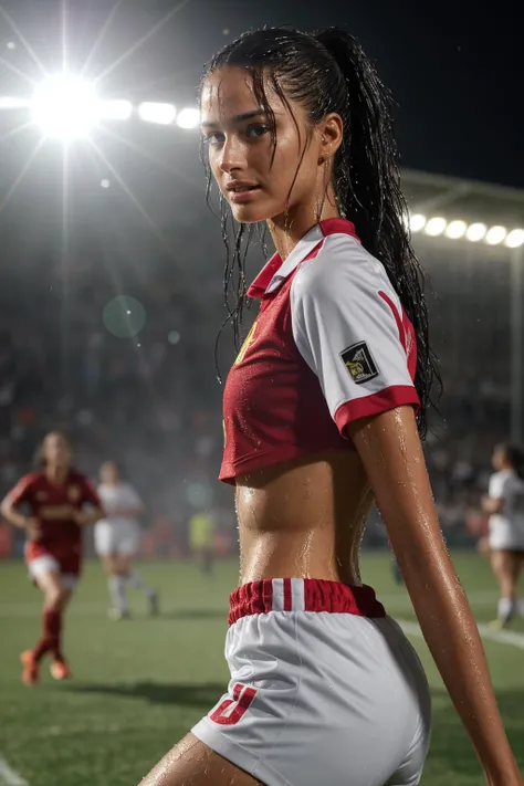 (Action Cam:1.6)(Crowded soccer field:1.4)(The 21 year old College Girl) TrualityCampus_Rosita (Black Ponytail.1.3)(red Soccer Uniform:1.4)(playing Soccer:1.6)<lora:people_count_slider_v1:4>((Photo Focus, DOF, Aperture, insanely detailed and intricate, character, hypermaximalist, elegant, ornate, beautiful, exotic, revealing, appealing, attractive, amative, hyper realistic, super detailed, (lens flare:1.1) heresy flares)) (playing:1.8)(Sweat.1.7)(wet hair, wet shirt, wet body:1.4)