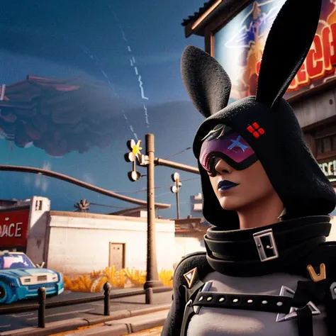 <lora:Fortnite_Highwire_1.1:0.8>, Fortnite_Highwire, Bunny Version, Hood Up, (Cyberpunk Glasses:1.6), Straps, Catsuit, Croptop, Long Sleeves, Bare Midriff, Hip Belt, Hip Holster, Skintight Pants, Big Collar, Shin Guard, Belt, Boots, Gloves, (Outdoor, Factory, Slap Juice Sign), ultra realistic 8k cg, picture-perfect face, flawless, clean, masterpiece, professional artwork, famous artwork, lighting, cinematic bloom, volumetric lighting, cgi, 3d, octane render, ambient occlusion, (perfect face:1.2), beautiful face, (beautiful eyes:1.2)